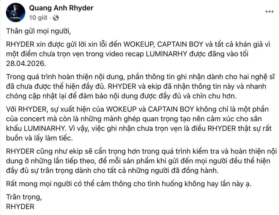 RHYDER xin lỗi
