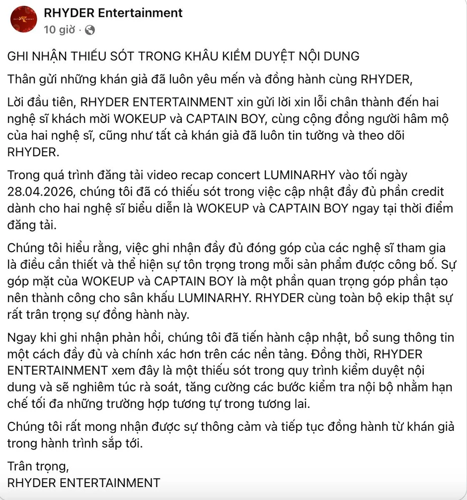 RHYDER xin lỗi