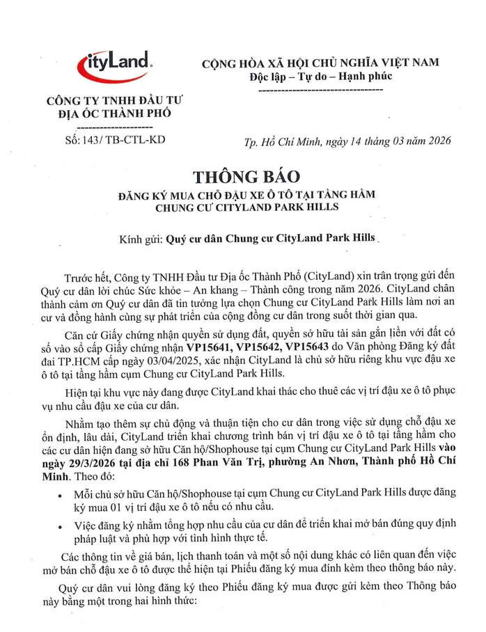 Chuyện khó tin: 1 chung cư ở TPHCM thông báo bán chỗ đậu xe tới 500 triệu đồng, cư dân phản ứng mạnh