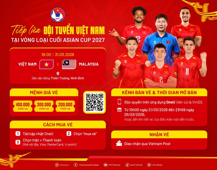 Công bố giá vé trận ĐT Việt Nam vs ĐT Malaysia tại Vòng loại cuối Asian Cup 2027 Công bố giá vé trận ĐT Việt Nam vs ĐT Malaysia tại Vòng loại cuối Asian Cup 2027