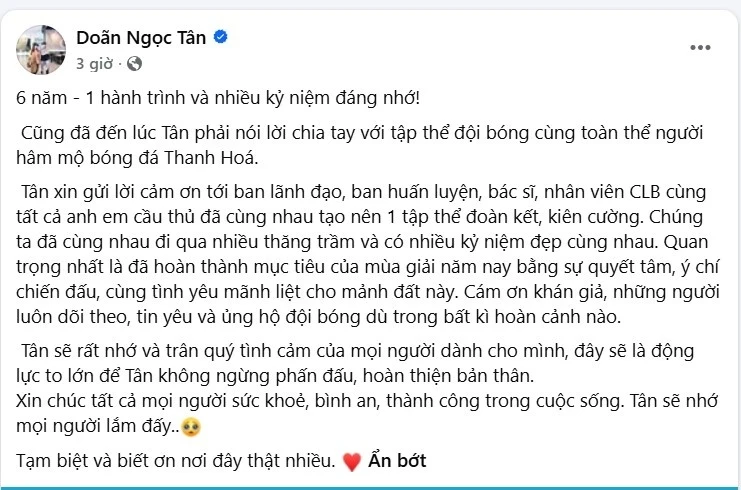 Doãn Ngọc Tân chia tay sau khi CLB Thanh Hóa trụ hạng Doãn Ngọc Tân chia tay sau khi CLB Thanh Hóa trụ hạng