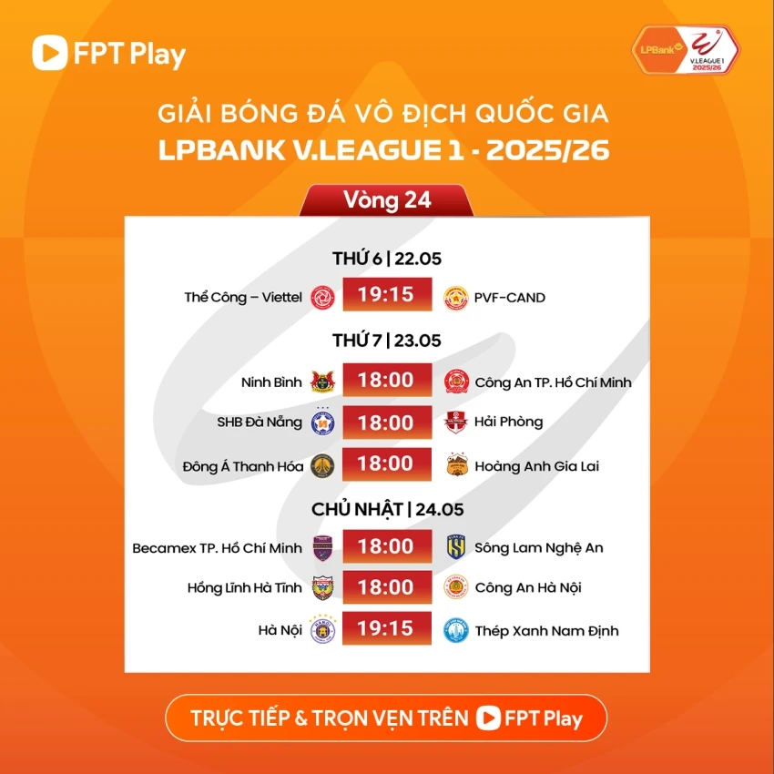 Lịch thi đấu vòng 24 V-League 2025/2026: Tâm điểm ở xứ Thanh
