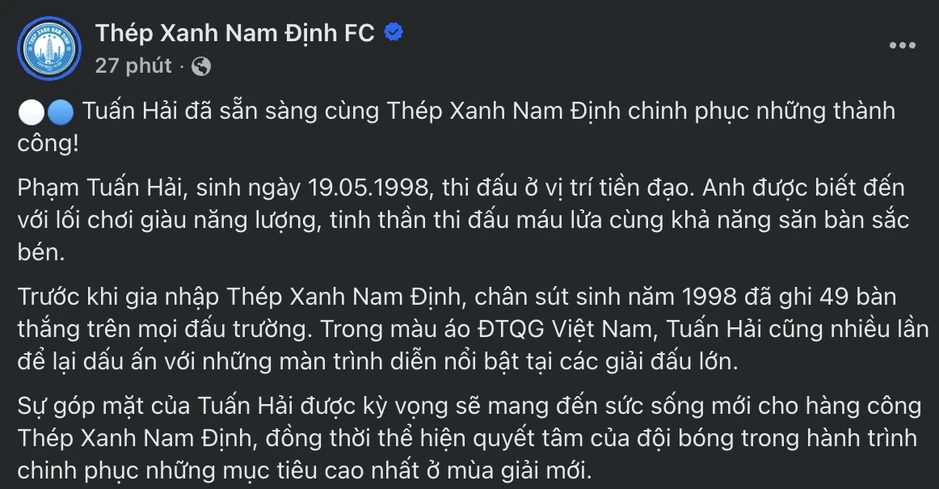 Một Quả bóng bạc Việt Nam gia nhập CLB Nam Định Một Quả bóng bạc Việt Nam gia nhập CLB Nam Định