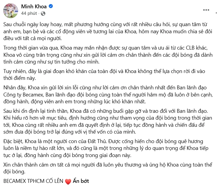 Một tuyển thủ Việt Nam quyết định ở lại Becamex TP.HCM Một tuyển thủ Việt Nam quyết định ở lại Becamex TP.HCM