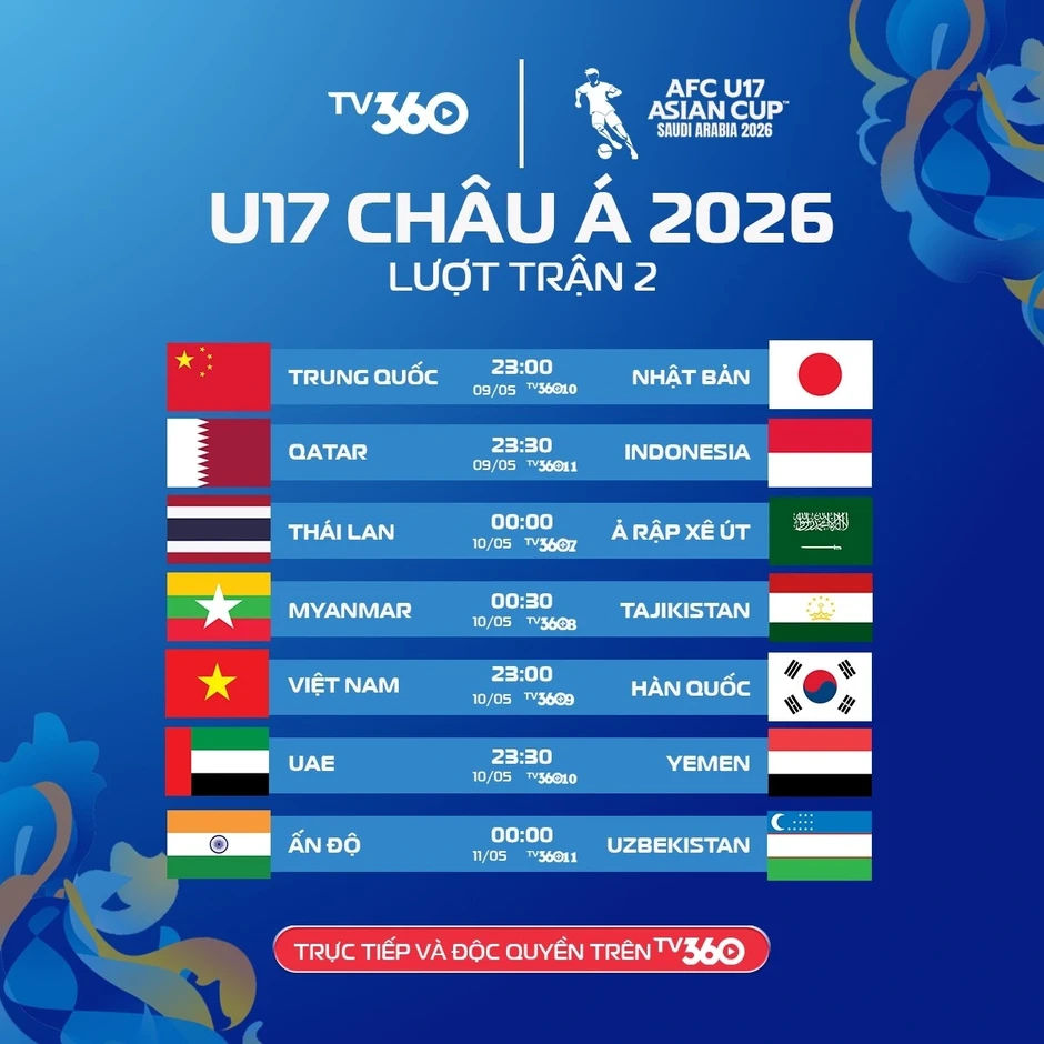 Lịch thi đấu và trực tiếp U17 châu Á 2026 hôm nay 9/5 Lịch thi đấu và trực tiếp U17 châu Á 2026 hôm nay 9/5