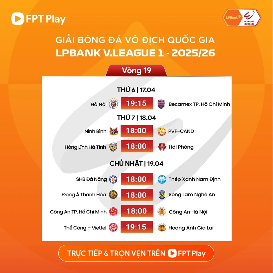 Lịch thi đấu vòng 19 V-League 2025/2026: Tâm điểm ở Hàng Đẫy Lịch thi đấu vòng 19 V-League 2025/2026: Tâm điểm ở Hàng Đẫy