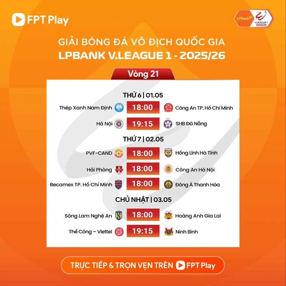 Lịch thi đấu vòng 21 V-League 2025/2026: Đại chiến ở Lạch Tray Lịch thi đấu vòng 21 V-League 2025/2026: Đại chiến ở Lạch Tray