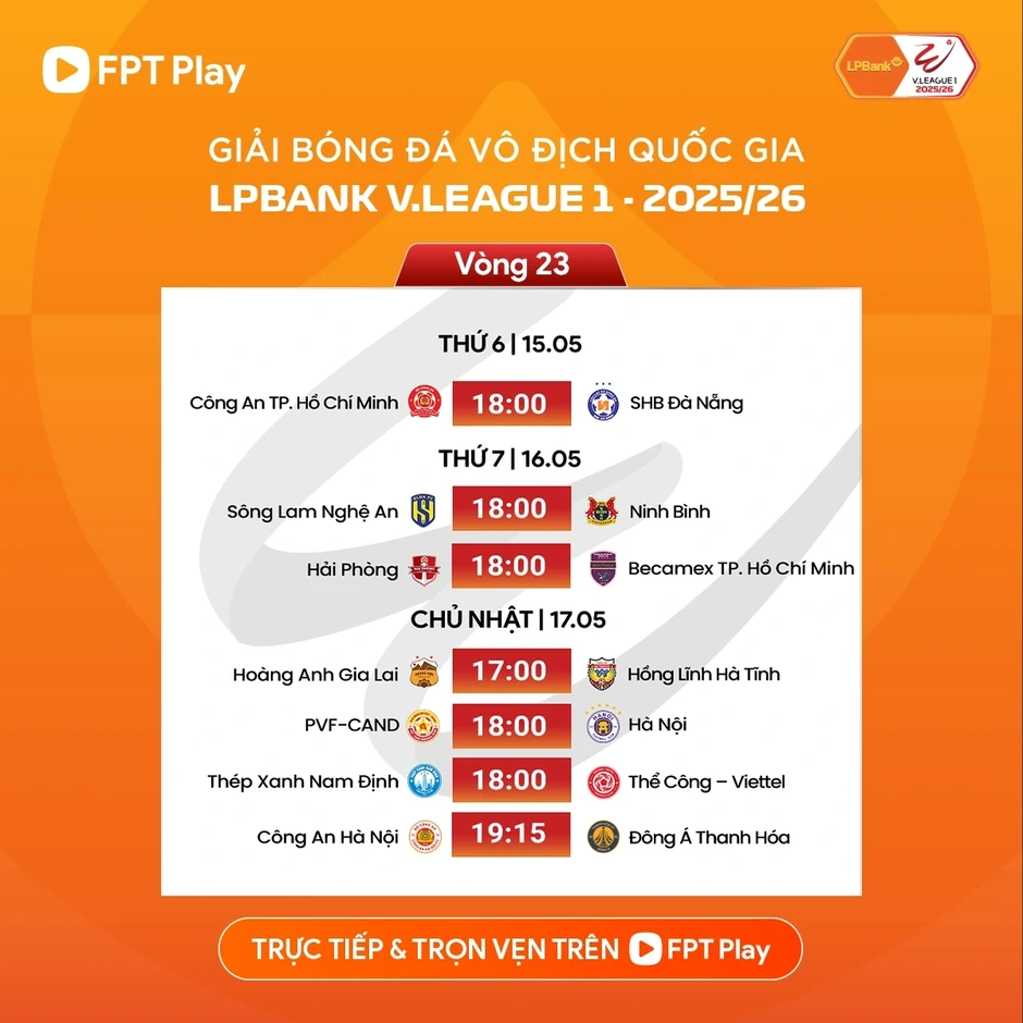 Lịch thi đấu vòng 23 V-League 2025/2026: CAHN vô địch sớm ở Hàng Đẫy? Lịch thi đấu vòng 23 V-League 2025/2026: CAHN vô địch sớm ở Hàng Đẫy?