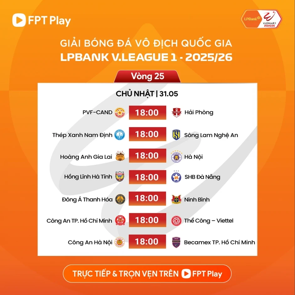 Lịch thi đấu vòng 25 V-League 2025/2026: Tâm điểm ở phố Núi Lịch thi đấu vòng 25 V-League 2025/2026: Tâm điểm ở phố Núi