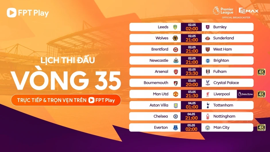 Lịch thi đấu vòng 35 Ngoại hạng Anh 2025/26: Rực lửa màn thư hùng tại Old Trafford Lịch thi đấu vòng 35 Ngoại hạng Anh 2025/26: Rực lửa màn thư hùng tại Old Trafford