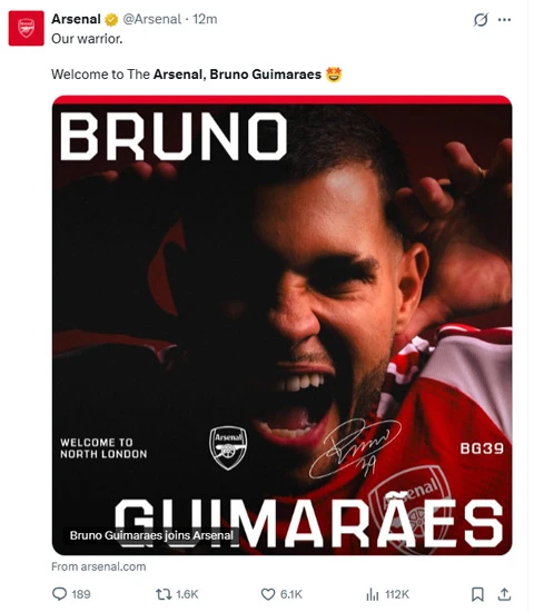 Arsenal công bố 'bom tấn' Bruno Guimaraes