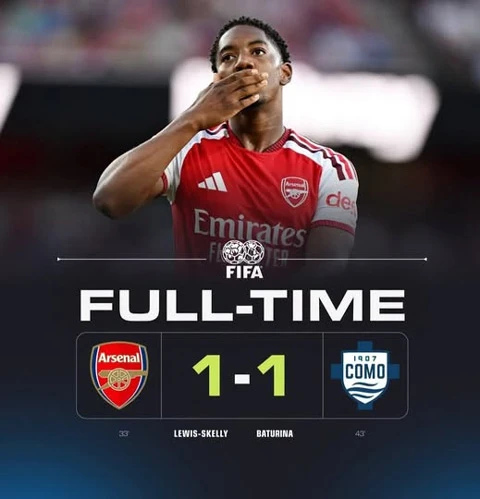Kết quả Arsenal 1-1 Como (4-3 pen): Pháo thủ thắng trong ngày Guimaraes ra mắt Kết quả Arsenal 1-1 Como (4-3 pen): Pháo thủ thắng trong ngày Guimaraes ra mắt