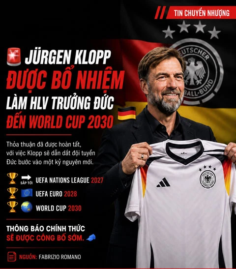 Jurgen Klopp đạt thỏa thuận dẫn dắt tuyển Đức đến năm 2030 Jurgen Klopp đạt thỏa thuận dẫn dắt tuyển Đức đến năm 2030