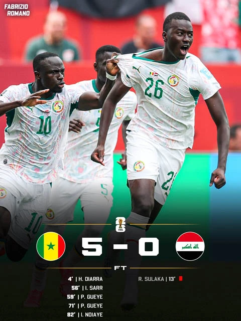 Kết quả Senegal 5-0 Iraq: Đại diện châu Á rời World Cup với thất bại nặng nề Kết quả Senegal 5-0 Iraq: Đại diện châu Á rời World Cup với thất bại nặng nề