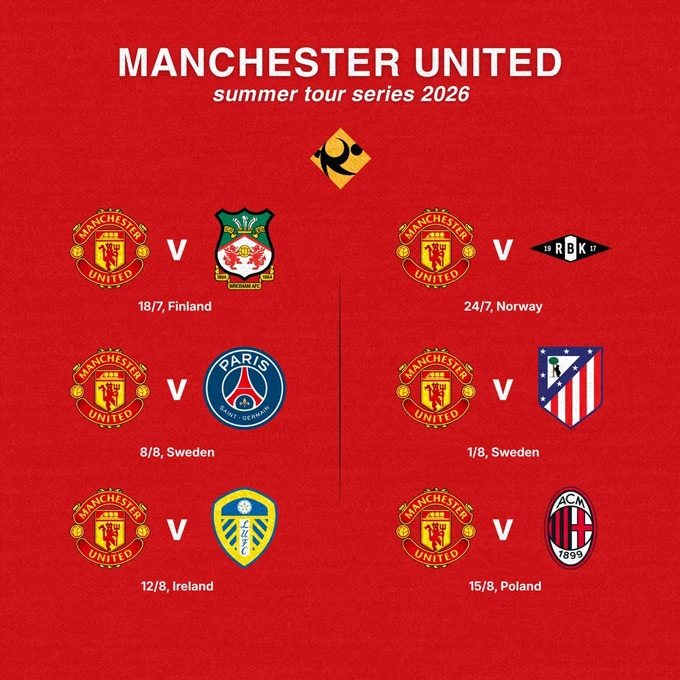 Lịch du đấu hè 2026 của MU: Đại chiến PSG, Atletico và AC Milan Lịch du đấu hè 2026 của MU: Đại chiến PSG, Atletico và AC Milan