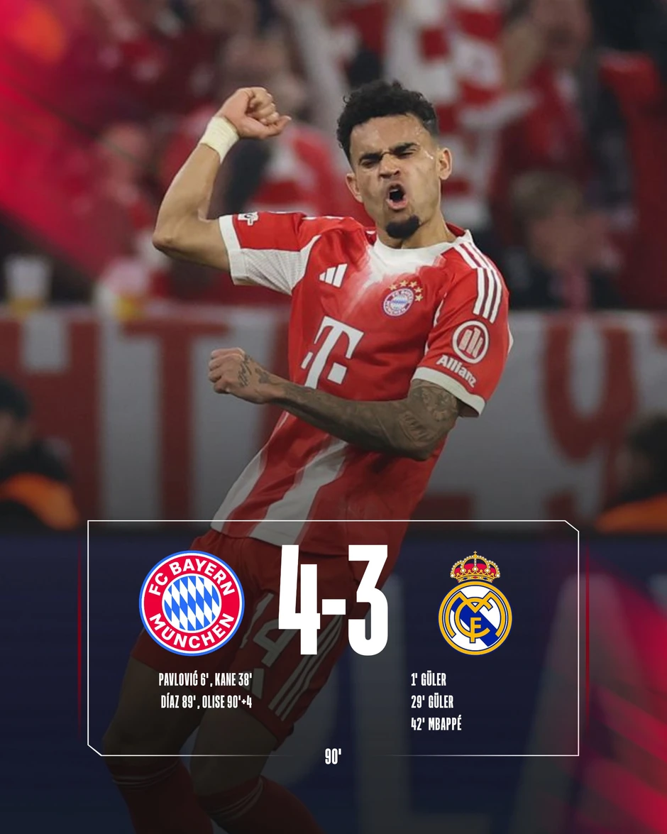 Kết quả Bayern Munich 4-3 Real Madrid (tổng tỷ số 6-4): Bayern đối đầu ĐKVĐ PSG ở bán kết Kết quả Bayern Munich 4-3 Real Madrid (tổng tỷ số 6-4): Bayern đối đầu ĐKVĐ PSG ở bán kết