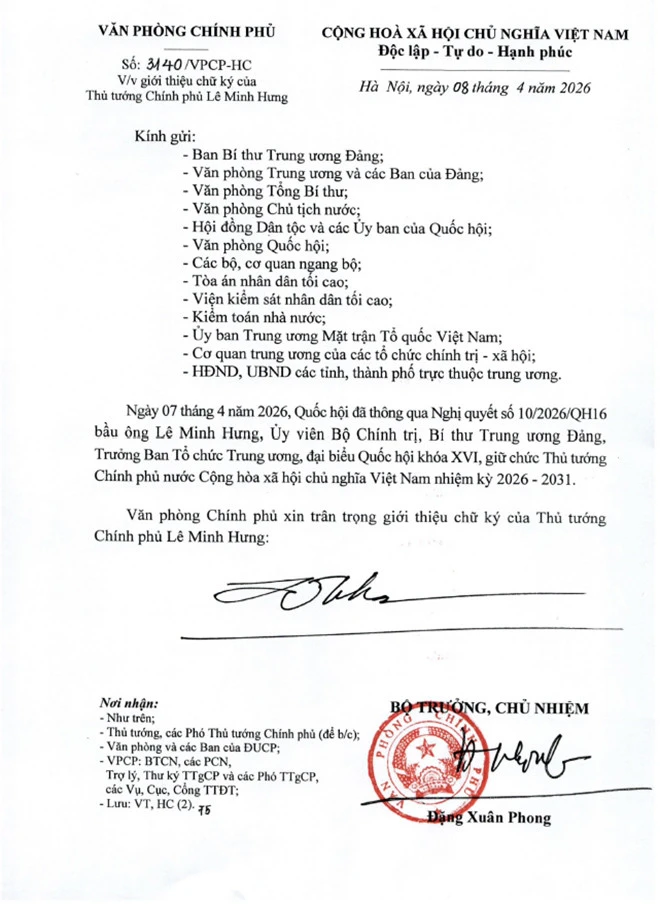 Giới thiệu chữ ký của Thủ tướng Lê Minh Hưng và các Phó Thủ tướng Giới thiệu chữ ký của Thủ tướng Lê Minh Hưng và các Phó Thủ tướng