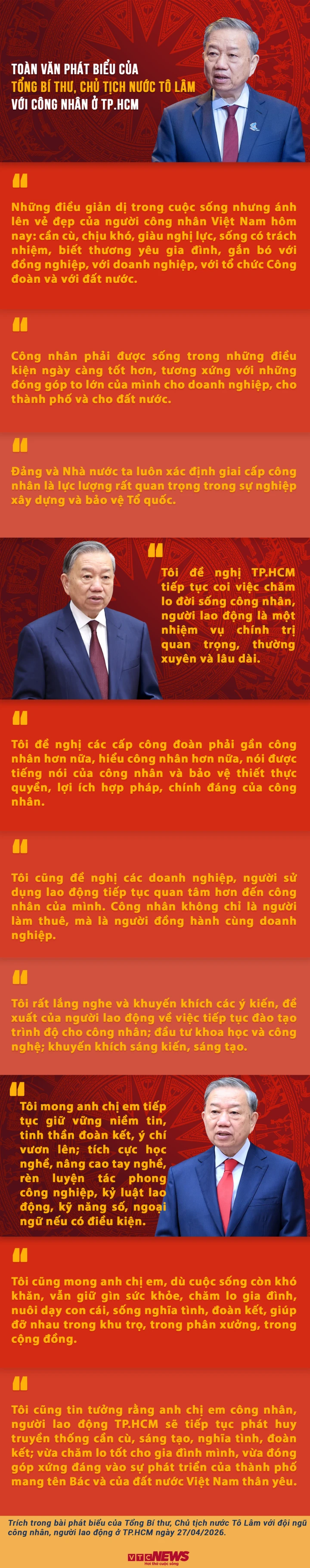 Toàn văn phát biểu của Tổng Bí thư, Chủ tịch nước Tô Lâm với công nhân ở TP.HCM Toàn văn phát biểu của Tổng Bí thư, Chủ tịch nước Tô Lâm với công nhân ở TP.HCM