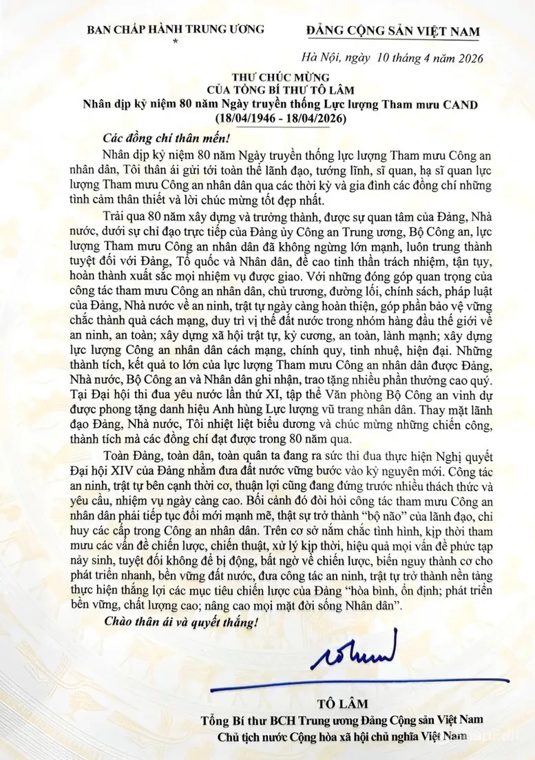 Tổng Bí thư, Chủ tịch nước Tô Lâm gửi thư chúc mừng Ngày truyền thống lực lượng tham mưu Công an nhân dân