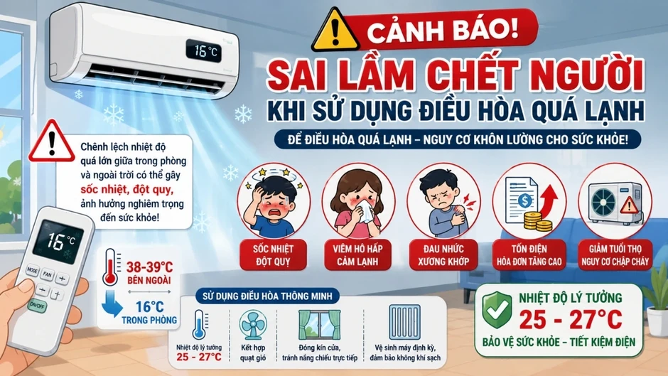 Cảnh báo sai lầm chết người khi sử dụng điều hòa quá lạnh Cảnh báo sai lầm chết người khi sử dụng điều hòa quá lạnh