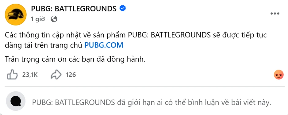 PUBG Việt Nam chính thức có thông báo nhưng đẩy sự thất vọng của cộng đồng lên đỉnh điểm PUBG Việt Nam chính thức có thông báo nhưng đẩy sự thất vọng của cộng đồng lên đỉnh điểm
