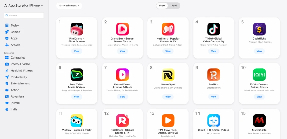 Ứng dụng phim ngắn 'càn quét' bảng xếp hạng App Store, Google Play Việt Nam Ứng dụng phim ngắn 'càn quét' bảng xếp hạng App Store, Google Play Việt Nam