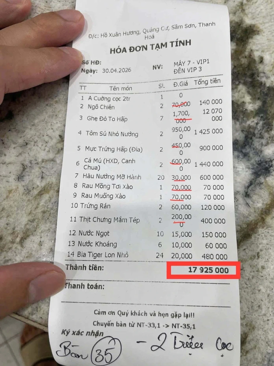 Làm rõ vụ hóa đơn 7 kg ghẹ đỏ giá hơn 12 triệu đồng ở Sầm Sơn Làm rõ vụ hóa đơn 7 kg ghẹ đỏ giá hơn 12 triệu đồng ở Sầm Sơn