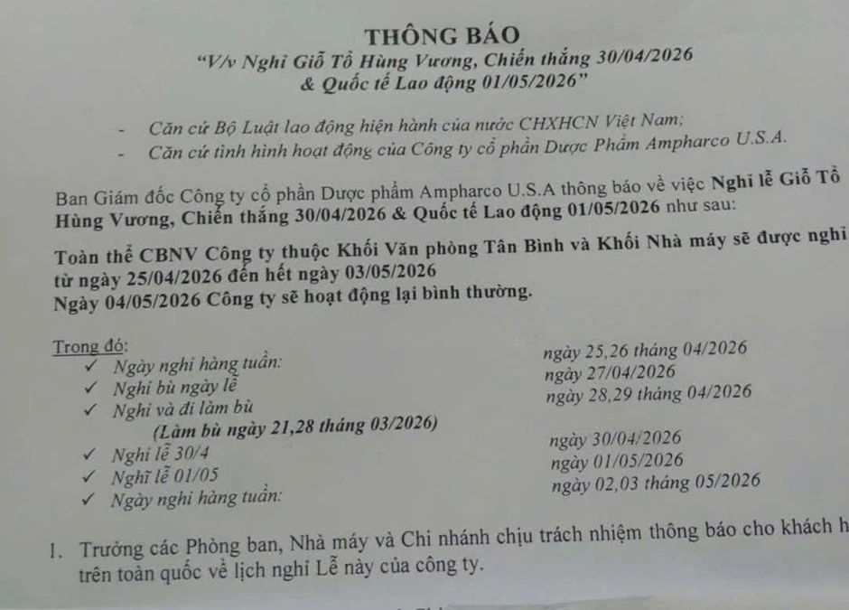 Một công ty ở Đồng Nai cho người lao động nghỉ 9 ngày dịp lễ 30/4 và 1/5