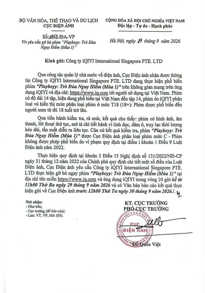 Cục Điện ảnh yêu cầu gỡ 1 phim 18+ ngập cảnh nóng khỏi Việt Nam trong 24h Cục Điện ảnh yêu cầu gỡ 1 phim 18+ ngập cảnh nóng khỏi Việt Nam trong 24h
