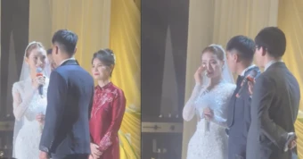 MC Huyền Trang VTV khóc như mưa khi nhận quà của chồng Đức Huy trong đám cưới