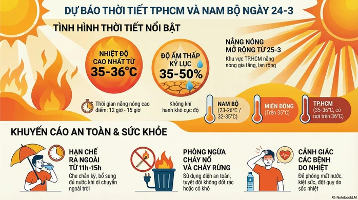 Dự báo thời tiết hôm nay, 24-3: Nắng nóng duy trì ở TPHCM và Nam Bộ Dự báo thời tiết hôm nay, 24-3: Nắng nóng duy trì ở TPHCM và Nam Bộ