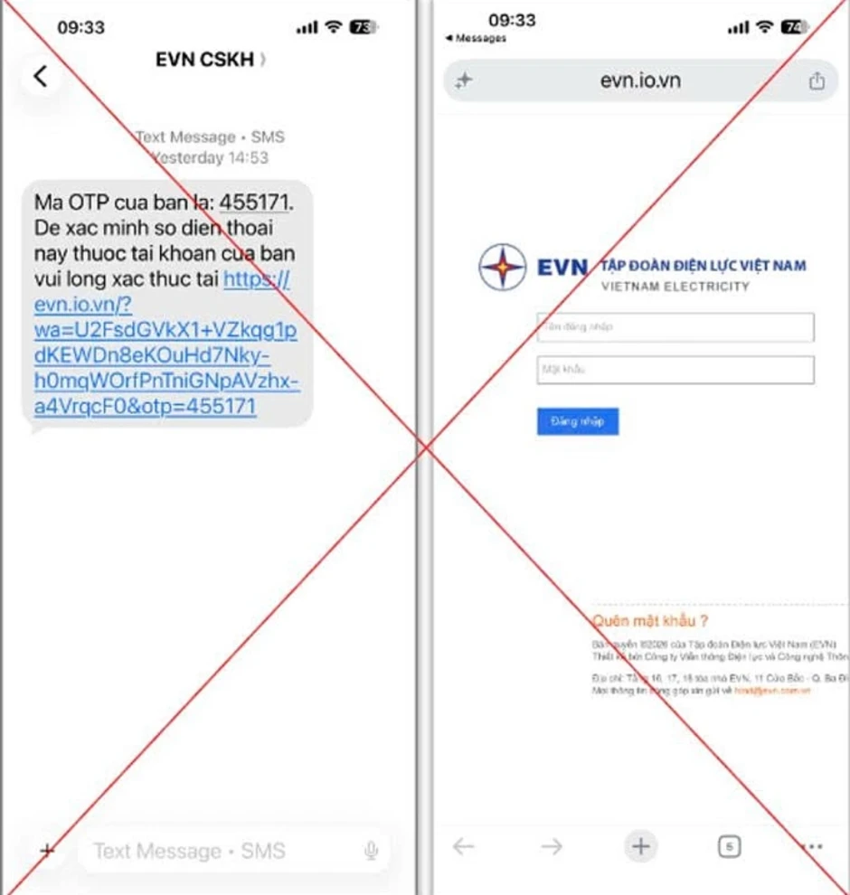 EVN cảnh báo lừa đảo bằng tin nhắn OTP giả mạo EVN cảnh báo lừa đảo bằng tin nhắn OTP giả mạo