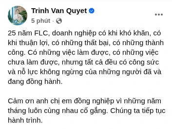 Sau lời cảm ơn của ông Trịnh Văn Quyết, CEO FLC viết tâm thư gửi nhân viên Sau lời cảm ơn của ông Trịnh Văn Quyết, CEO FLC viết tâm thư gửi nhân viên