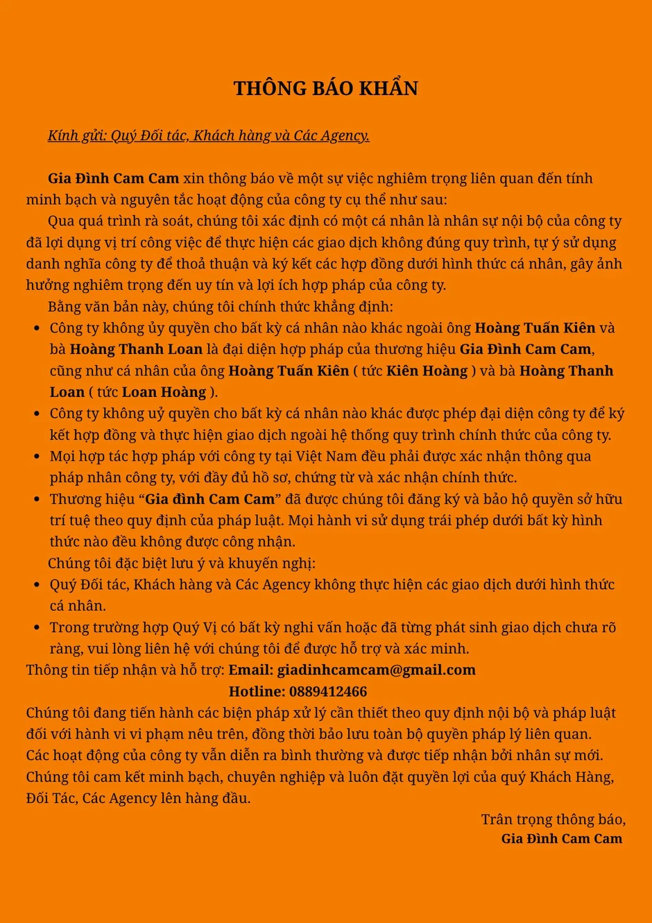"Gia đình Cam Cam” thông báo khẩn "Gia đình Cam Cam” thông báo khẩn