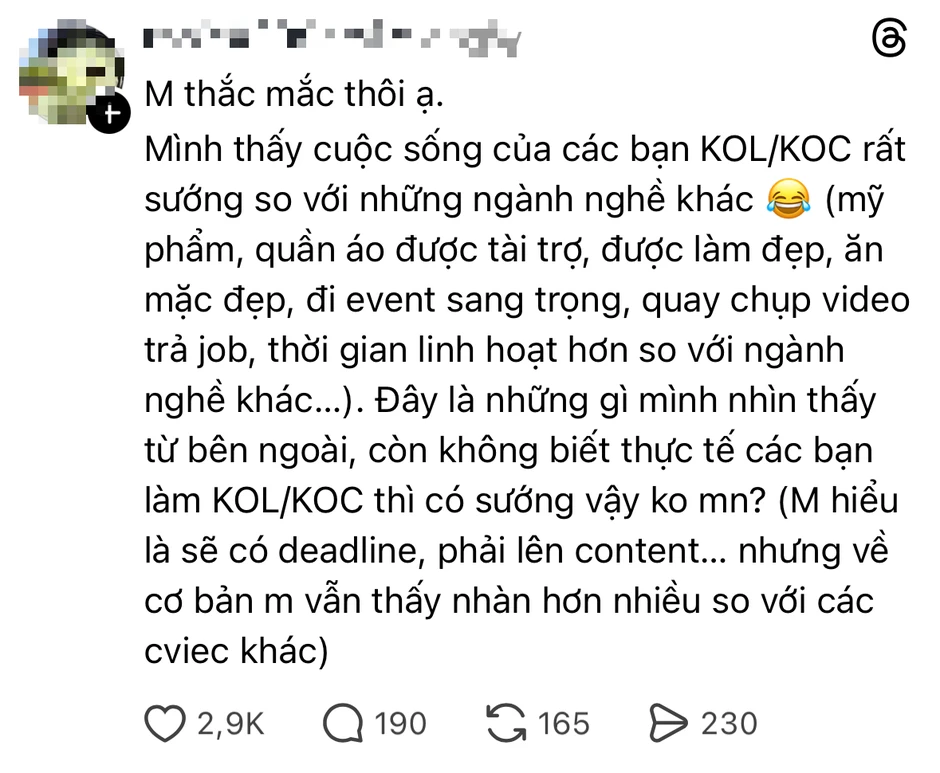 "Làm KOL, KOC được tài trợ quần áo, dự event sang chảnh chắc sướng lắm nhỉ?" - Long Chun và nhiều người nổi tiếng nói sự thật "Làm KOL, KOC được tài trợ quần áo, dự event sang chảnh chắc sướng lắm nhỉ?" - Long Chun và nhiều người nổi tiếng nói sự thật