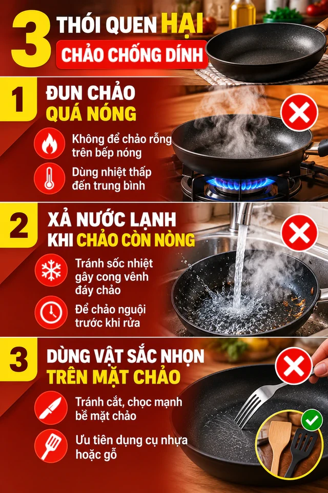 3 thói quen hại chảo chống dính nhất 3 thói quen hại chảo chống dính nhất
