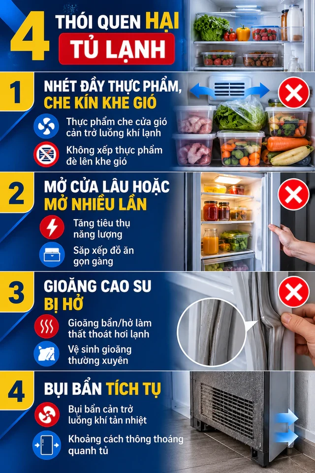 4 thói quen hại tủ lạnh cần thay đổi ngay! 4 thói quen hại tủ lạnh cần thay đổi ngay!