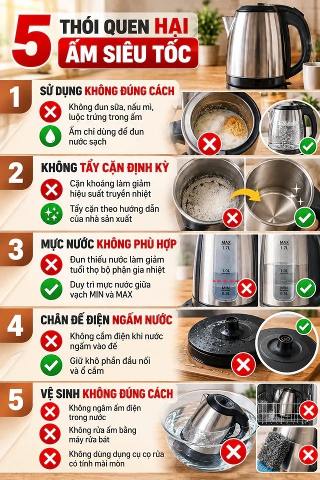 5 thói quen hại ấm siêu tốc cần tránh để bảo vệ thiết bị gia dụng 5 thói quen hại ấm siêu tốc cần tránh để bảo vệ thiết bị gia dụng