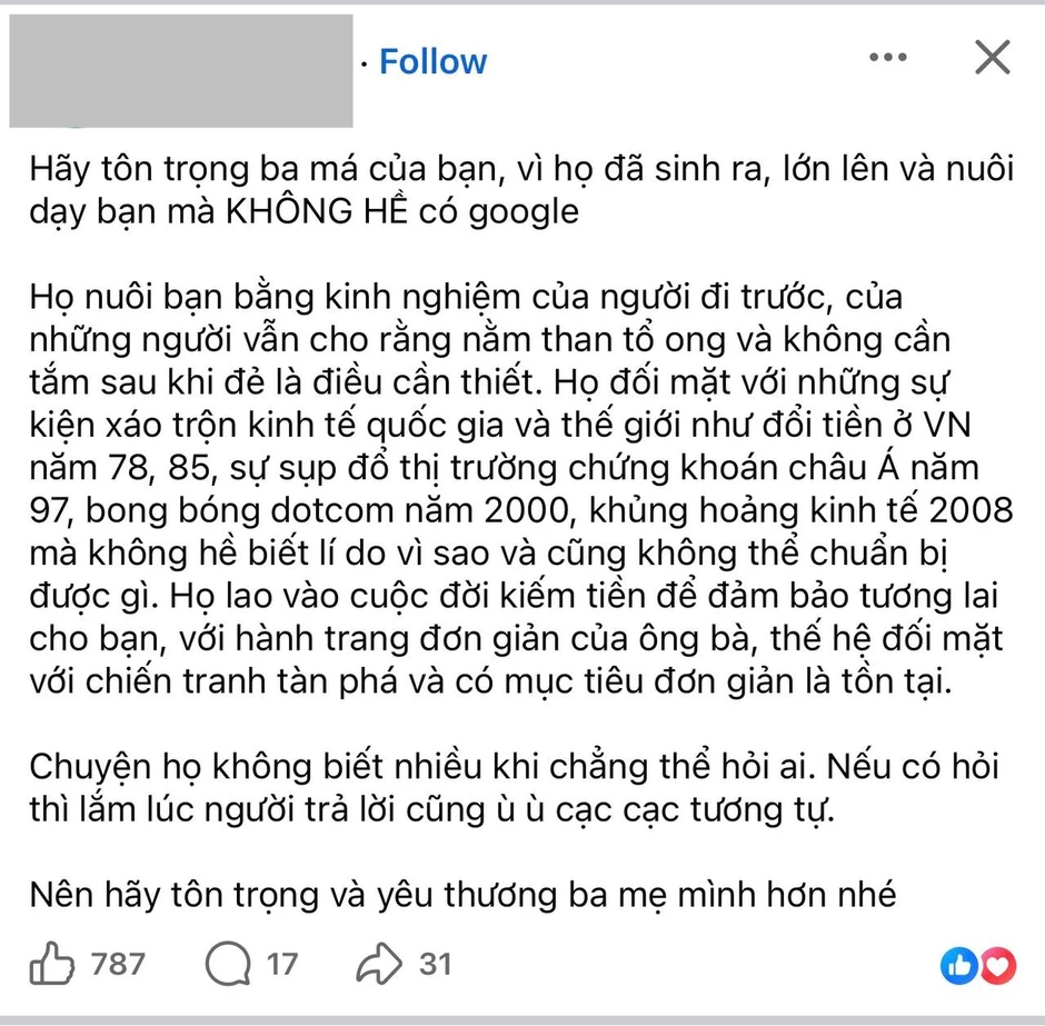 Ba mẹ lớn lên không có Google, mỗi lần hỏi con lại nhận về một cái thở dài: Kiên nhẫn với người lạ bao nhiêu, lại dễ cáu với ba mẹ bấy nhiêu Ba mẹ lớn lên không có Google, mỗi lần hỏi con lại nhận về một cái thở dài: Kiên nhẫn với người lạ bao nhiêu, lại dễ cáu với ba mẹ bấy nhiêu