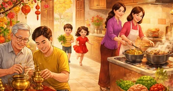 Ba thế hệ trong một mái nhà ngày Tết