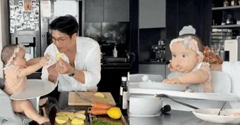 Bố bỉm Huy Trần nấu ăn dặm cho bé Gạo, ái nữ háu ăn đến mức đòi miếng khoai tây vừa hấp xong, khiến ai cũng bật cười