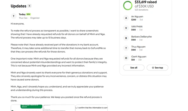 Chấn động ở Mỹ: Gia đình Việt huy động hơn 33.000 USD trên GoFundMe vừa phải trả lại toàn bộ tiền cho người ủng hộ sau lùm xùm Chấn động ở Mỹ: Gia đình Việt huy động hơn 33.000 USD trên GoFundMe vừa phải trả lại toàn bộ tiền cho người ủng hộ sau lùm xùm