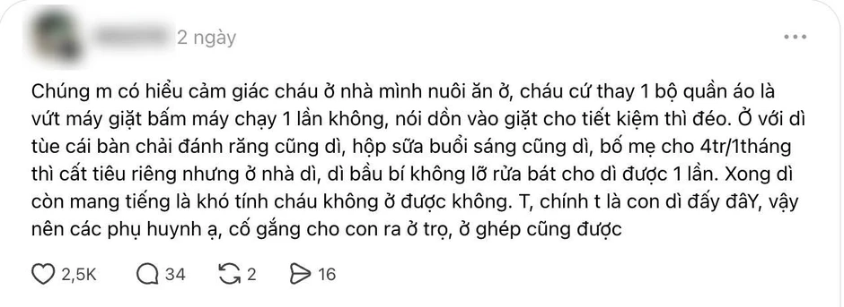Cho cháu ở nhờ đi học, người dì “khóc ròng” vì chiếc máy giặt, khuyên phụ huynh nên cho con ra ở trọ, đừng làm phiền bà con Cho cháu ở nhờ đi học, người dì “khóc ròng” vì chiếc máy giặt, khuyên phụ huynh nên cho con ra ở trọ, đừng làm phiền bà con