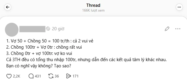 Chồng kiếm 100 triệu - vợ ở nhà thì không sao, vợ kiếm 100 triệu - chồng 0 đồng thì TO CHUYỆN Chồng kiếm 100 triệu - vợ ở nhà thì không sao, vợ kiếm 100 triệu - chồng 0 đồng thì TO CHUYỆN