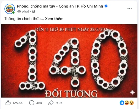 Chuyên án gây “bão” MXH, fanpage Phòng, chống ma túy - Công an TP.HCM tăng thêm 217.000 người theo dõi Chuyên án gây “bão” MXH, fanpage Phòng, chống ma túy - Công an TP.HCM tăng thêm 217.000 người theo dõi
