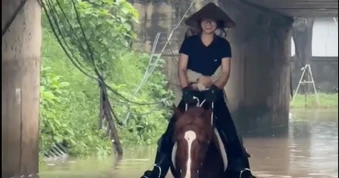 Cô gái cưỡi ngựa qua điểm ngập ở Hà Nội gây tranh luận