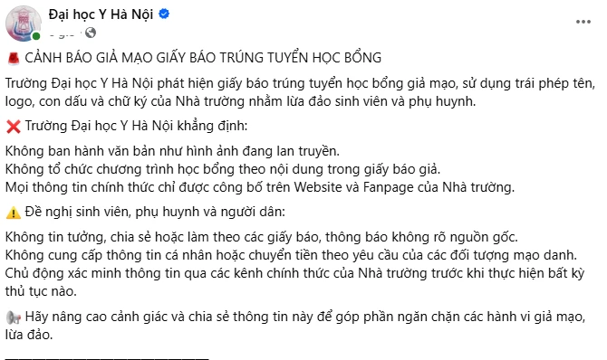 Đại học Y Hà Nội thông tin về giấy báo trúng tuyển học bổng giả mạo Đại học Y Hà Nội thông tin về giấy báo trúng tuyển học bổng giả mạo