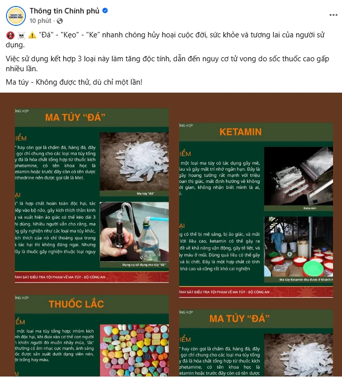 Fanpage Thông tin Chính phủ cảnh báo về bộ 3 ma túy “Đá” - “Kẹo” - “Ke”: “Không được thử, dù chỉ một lần!” Fanpage Thông tin Chính phủ cảnh báo về bộ 3 ma túy “Đá” - “Kẹo” - “Ke”: “Không được thử, dù chỉ một lần!”