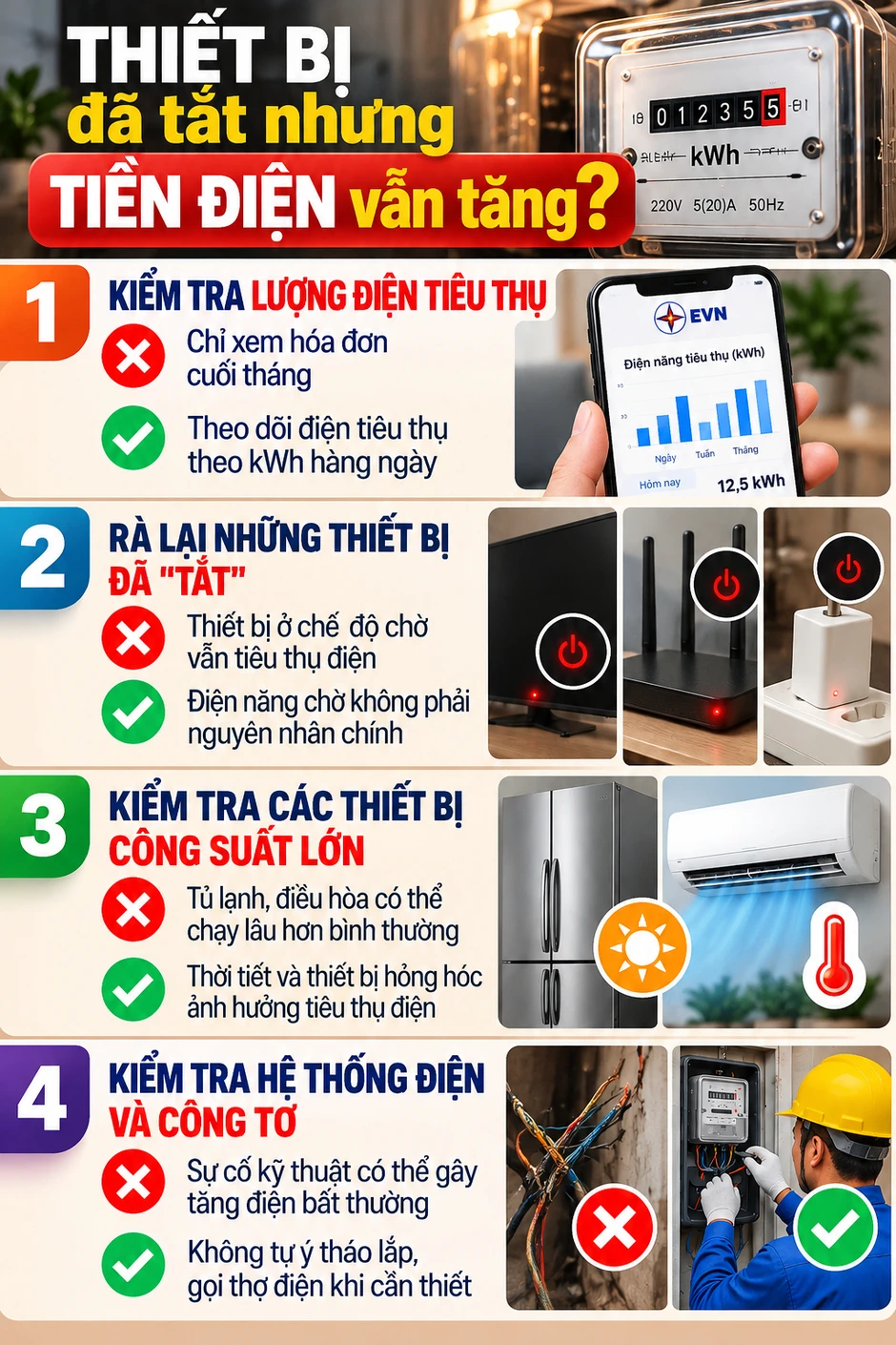 Giải pháp khi đã tắt nhiều thiết bị nhưng hóa đơn tiền điện vẫn tăng cao Giải pháp khi đã tắt nhiều thiết bị nhưng hóa đơn tiền điện vẫn tăng cao