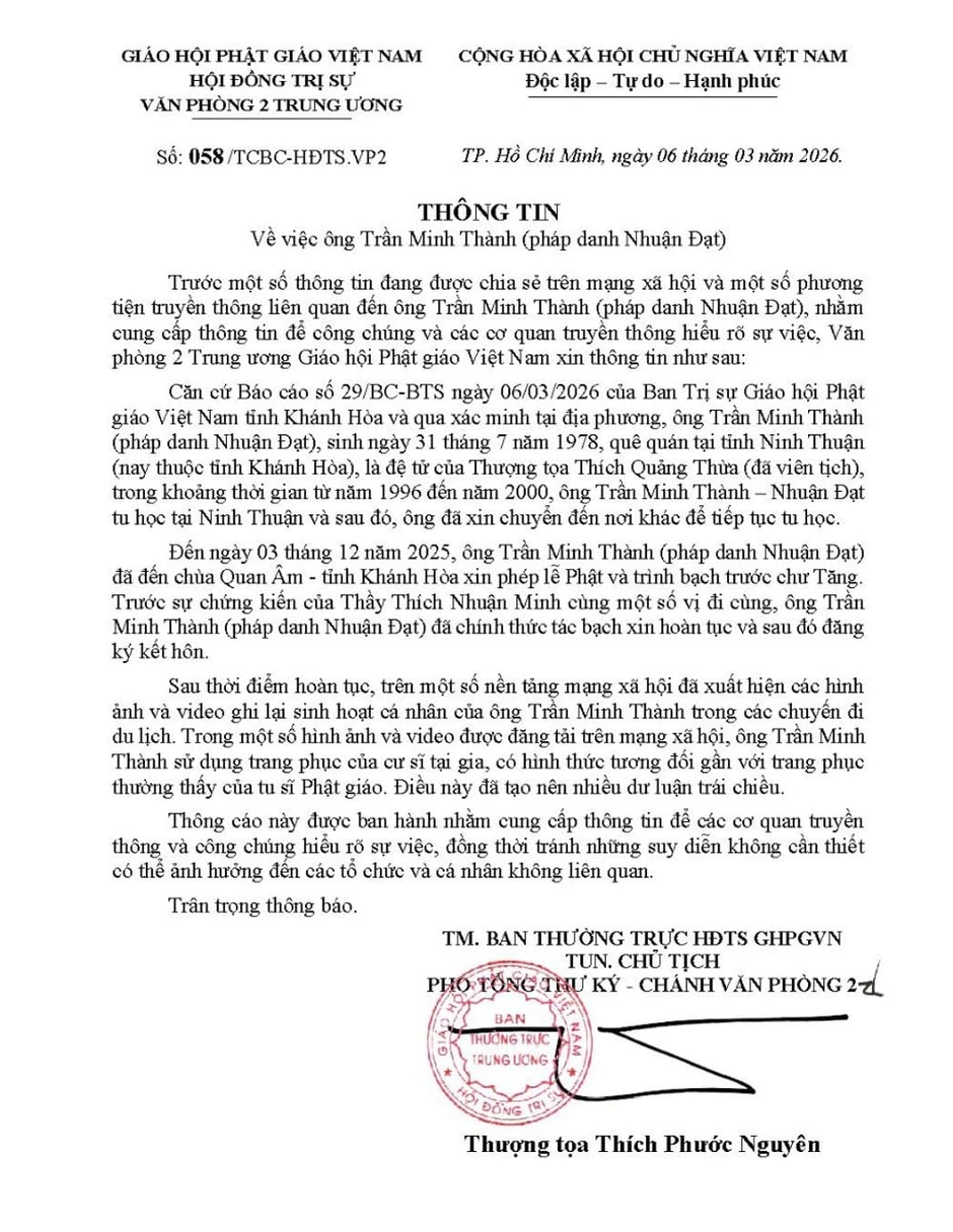 Giáo hội Phật giáo: Ông Trần Minh Thành (Nhuận Đạt) đã hoàn tục và đăng ký kết hôn Giáo hội Phật giáo: Ông Trần Minh Thành (Nhuận Đạt) đã hoàn tục và đăng ký kết hôn